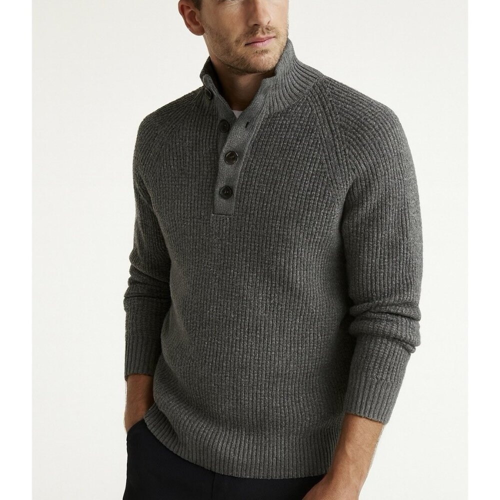 Banana Republic Men’s Merino Wool Gray Waffle Knit Button Mock Neck Sweater M